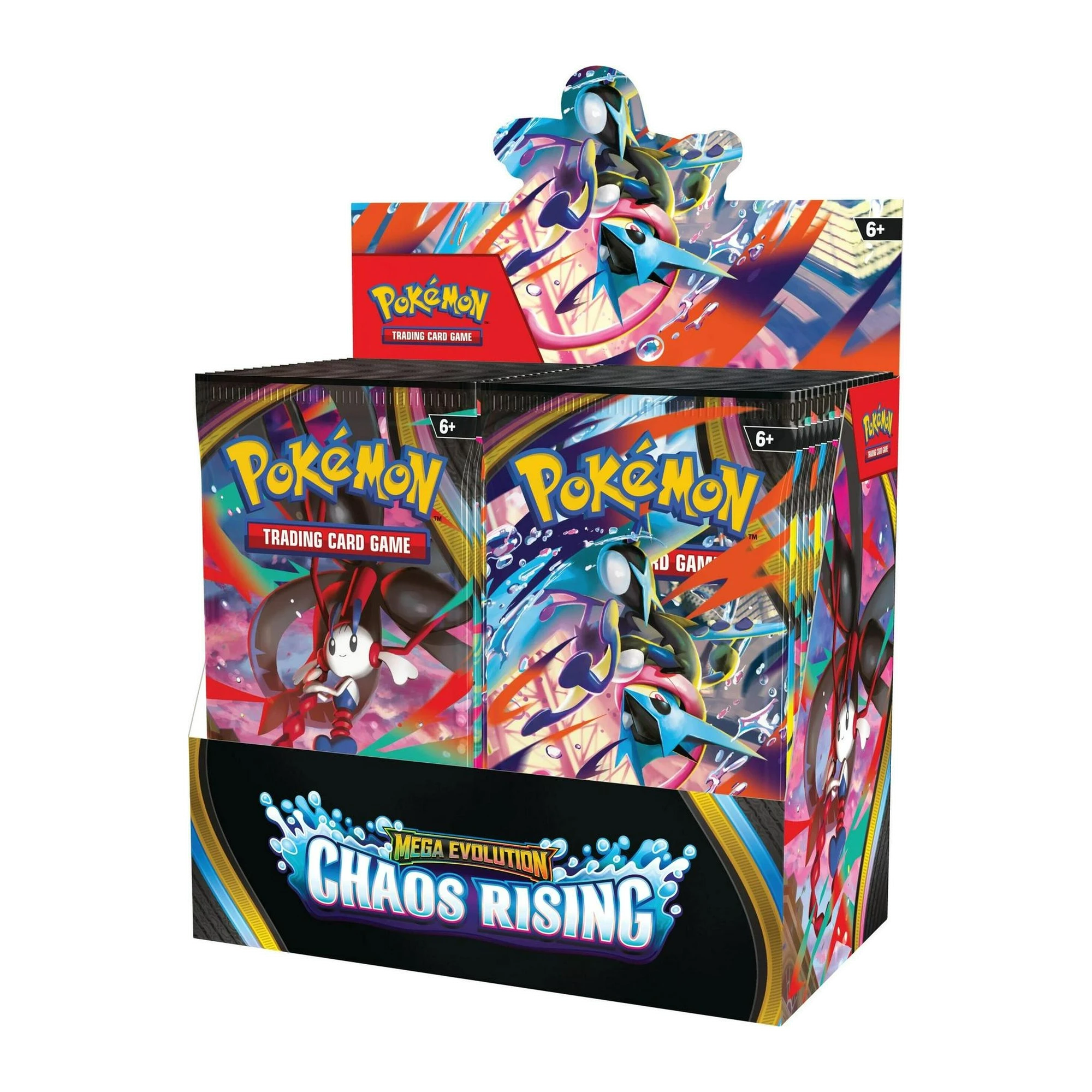 Sealed Pokémon TCG Mega Evolution Chaos Rising English booster box display, as contained in the sealed case