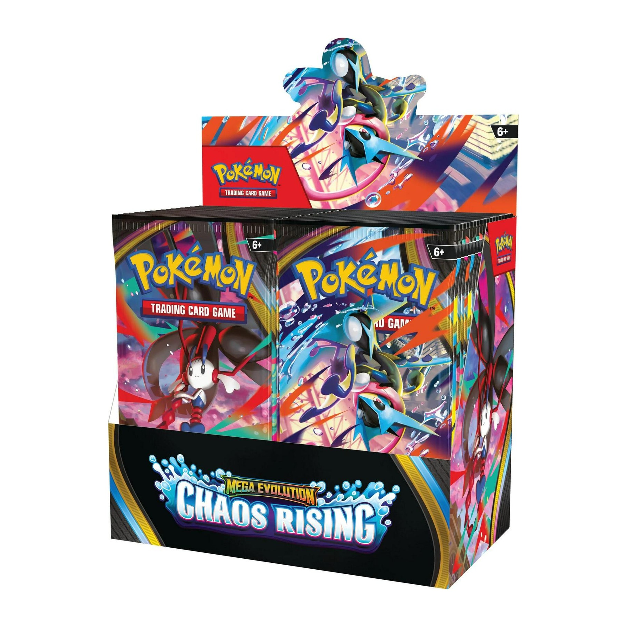 Sealed Pokémon TCG Mega Evolution Chaos Rising English booster box display, as contained in the sealed case